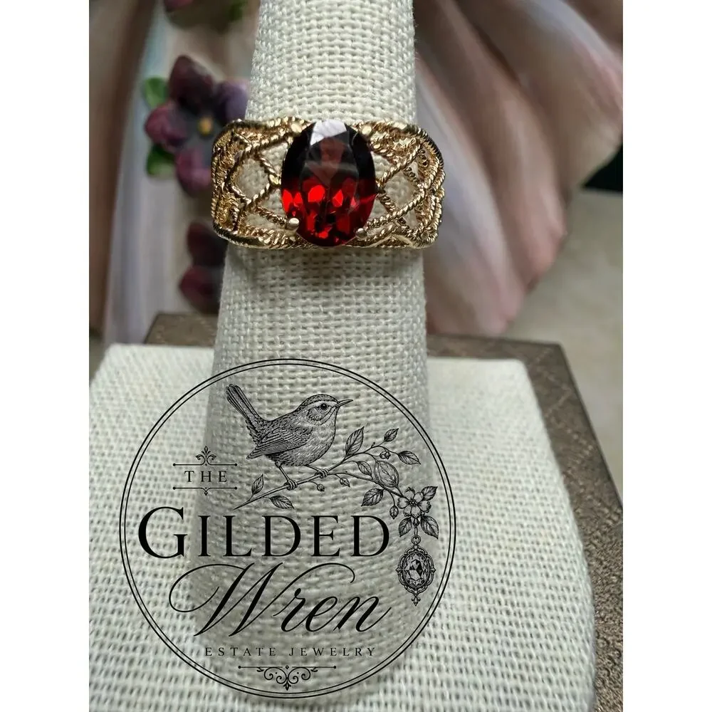 Vintage 14K Gold Natural Garnet Ring Oval Estate Openwork Cocktail Size 6.25
